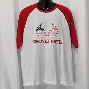 New RealTree Men's White Red Sleeve Americana Logo Baseball Tee Size L .
